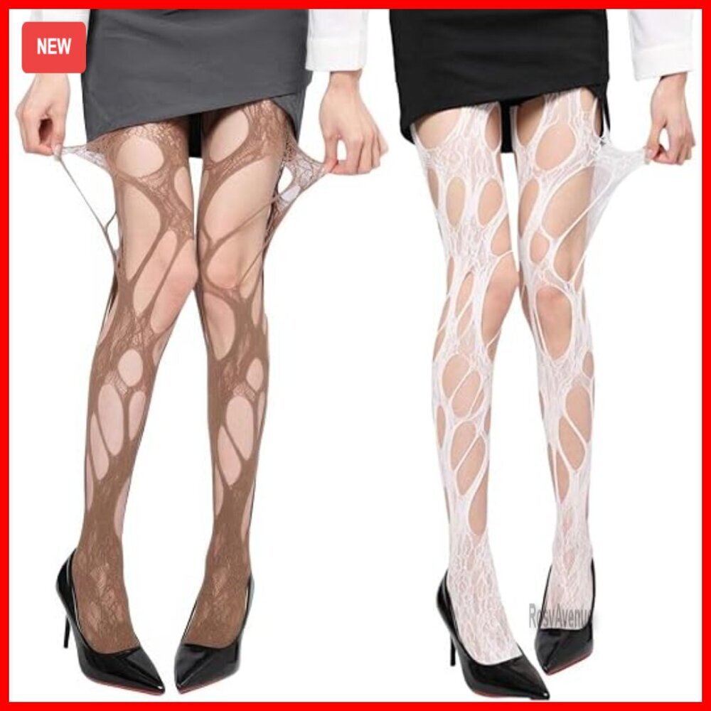 2 Pair Distressed Fishnet Tights Gothic Punk Mesh Stockings Y2k Lace Pantyhose